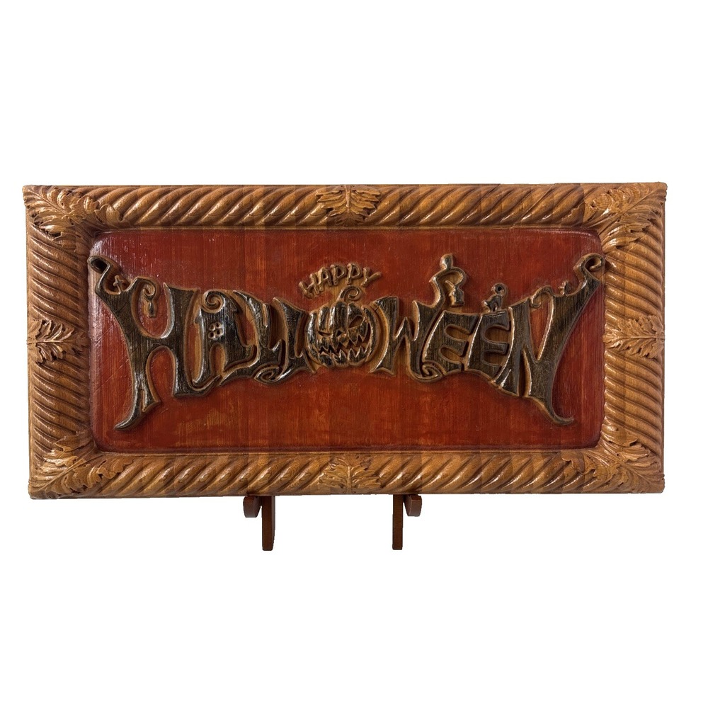 Wood Happy Halloween Jack-O-Lantern Plaque 3D Relief Carved Spooky Season Decor